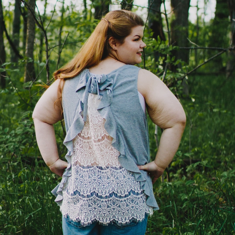 Plus size peek-a-boo lace back top